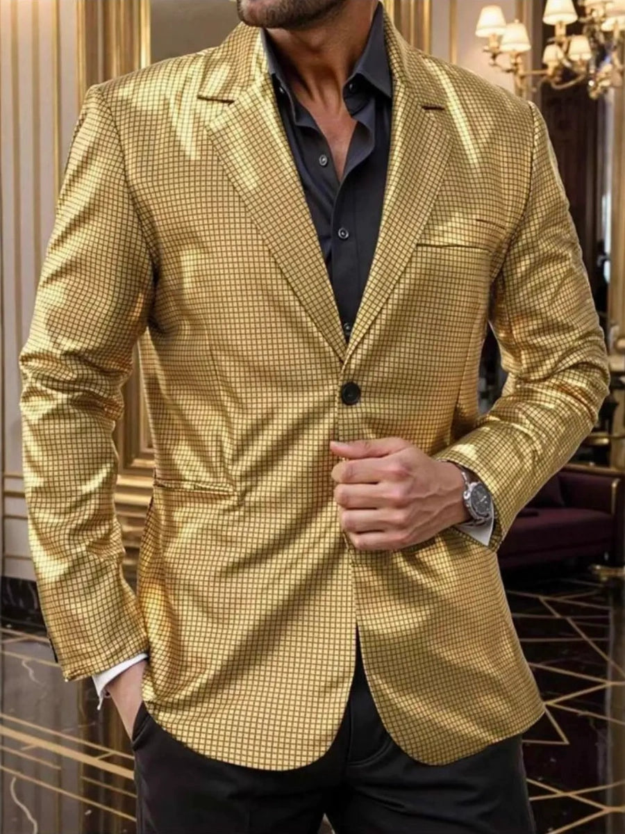 Tailored Fit Lapel Single Breasted One-Button Gilded Grid Men's Party Jacket Golden
