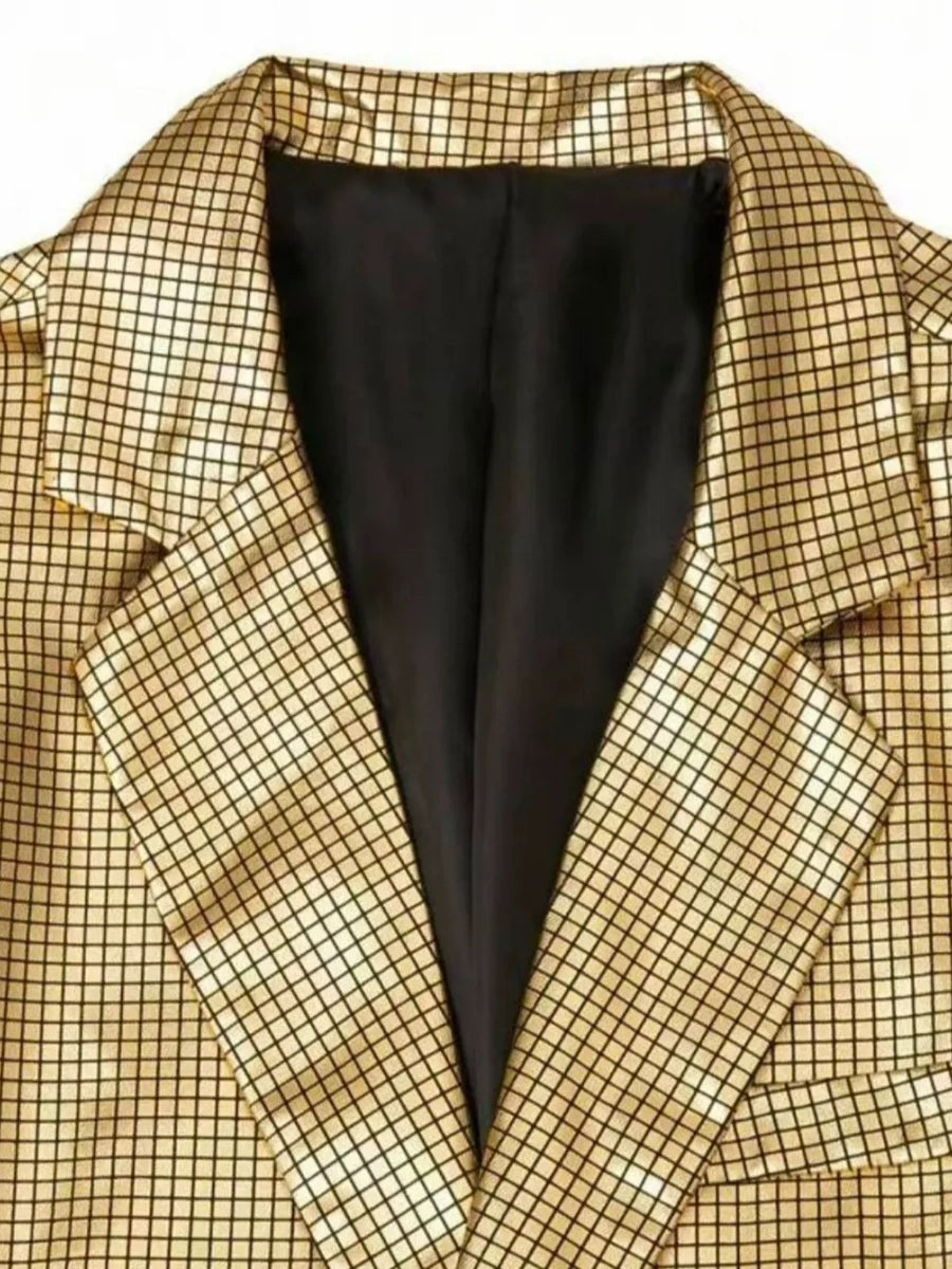 Tailored Fit Lapel Single Breasted One-Button Gilded Grid Men's Party Jacket