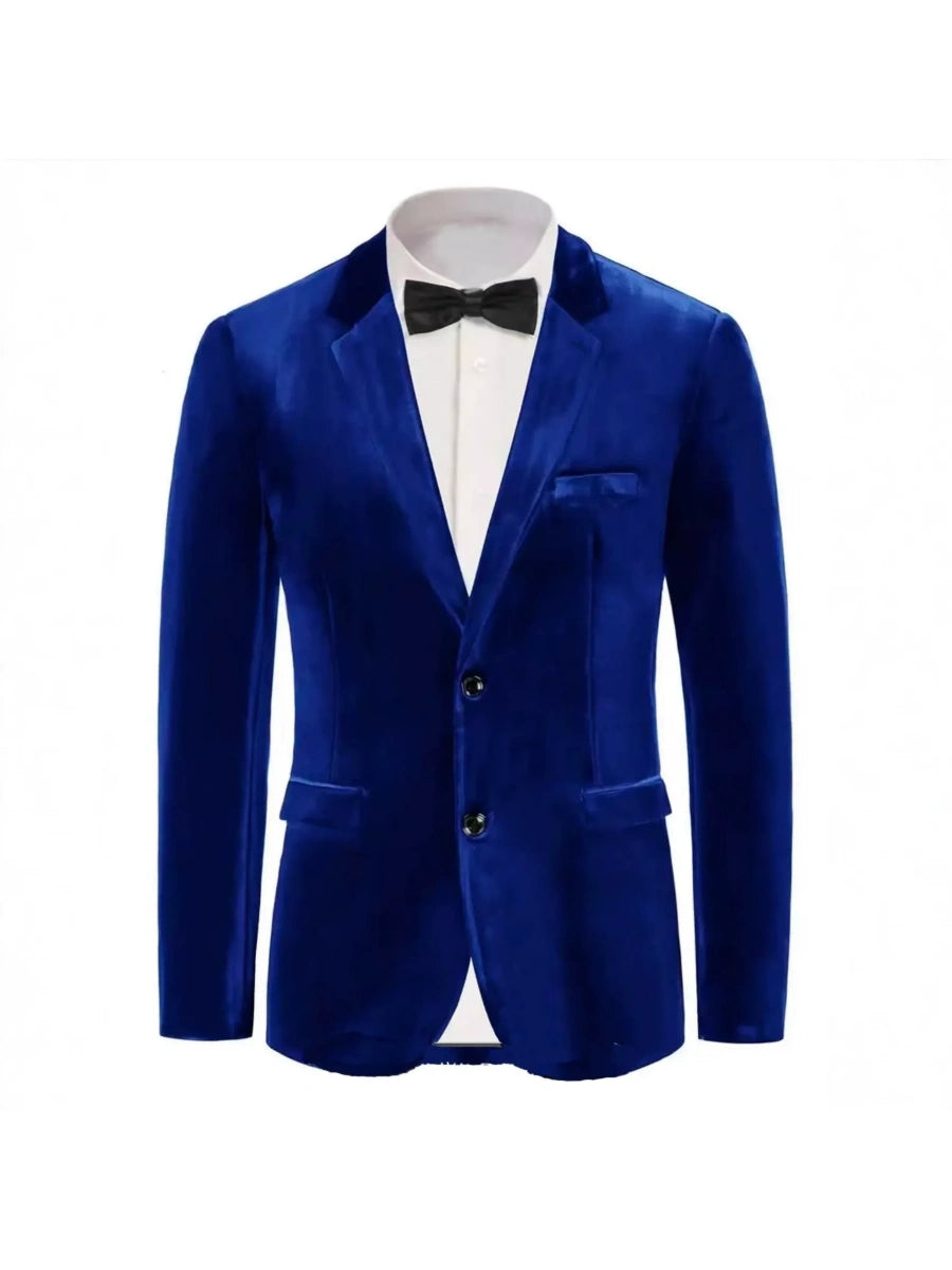 Tailored Fit Notched Lapel Breasted Two-Buttons Velvet Men's Party Jacket Blue