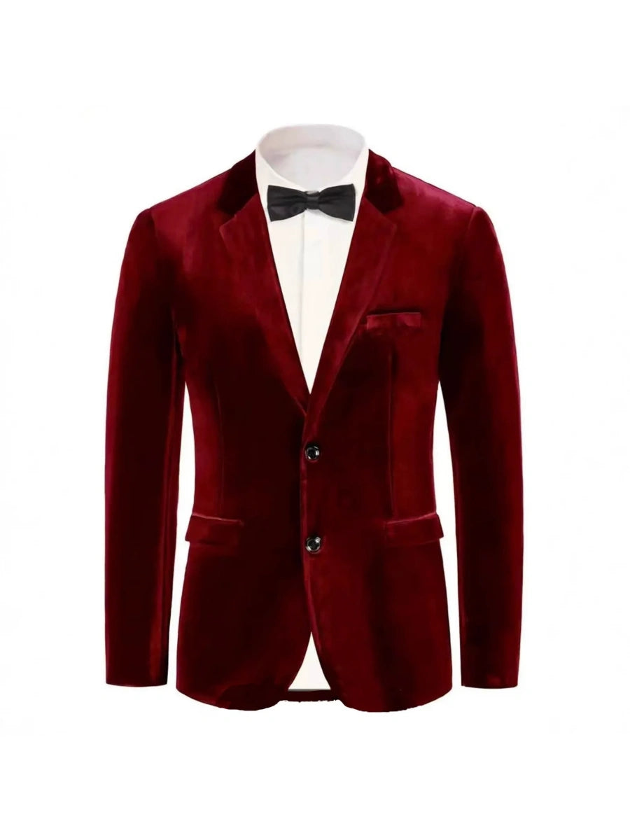 Tailored Fit Notched Lapel Breasted Two-Buttons Velvet Men's Party Jacket Red