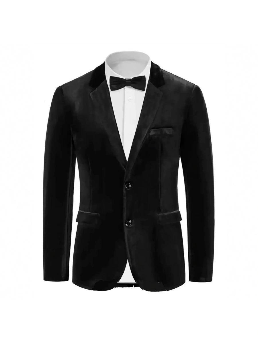 Tailored Fit Notched Lapel Breasted Two-Buttons Velvet Men's Party Jacket Black