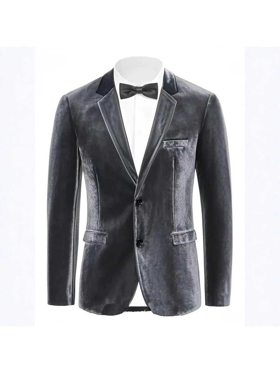 Tailored Fit Notched Lapel Breasted Two-Buttons Velvet Men's Party Jacket Grey