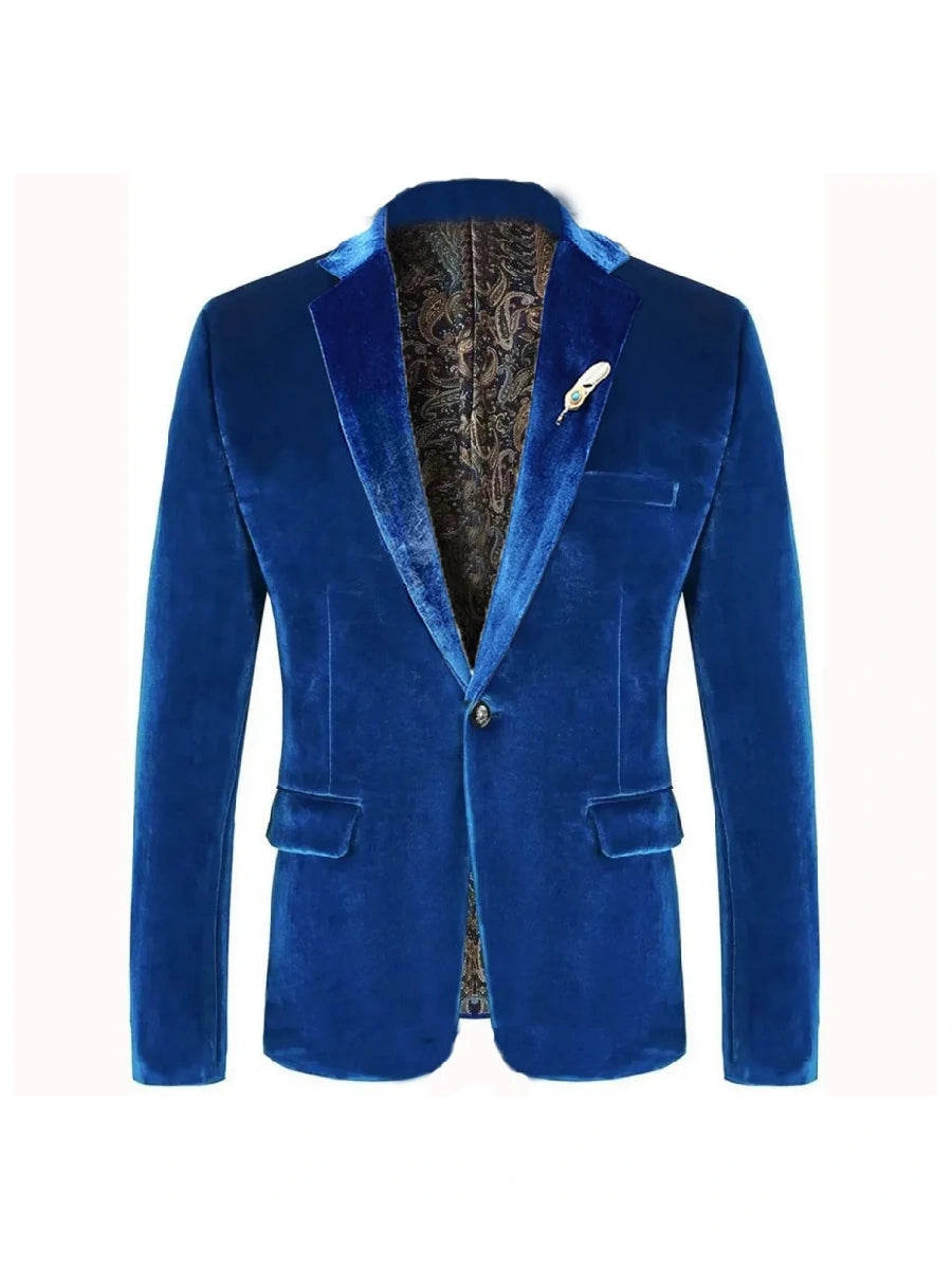 Tailored Fit Notched Lapel Breasted One-Buttons Velvet Men's Party Jacket Blue
