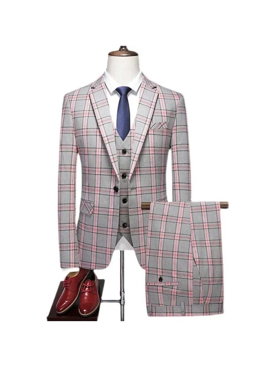 Tailored Fit Notched Lapel Single Breasted One-Button Grid 3 Piece Men's Party Suits Dusty Pink