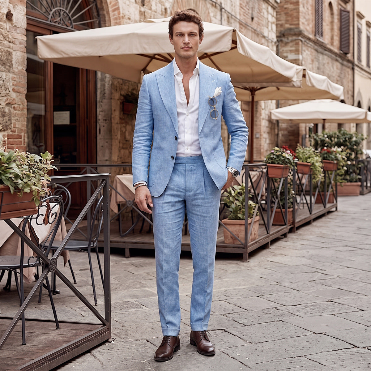 Tailored Fit Single Breasted One-button 2 Pieces Solid Colored Men's Wedding Suits Sky Blue