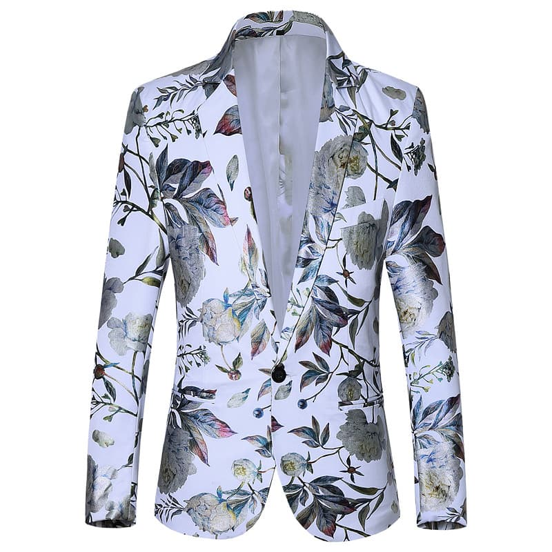 Tailored Fit Notched Lapel Single Breasted One-button Men's Party Jacket With Floral White