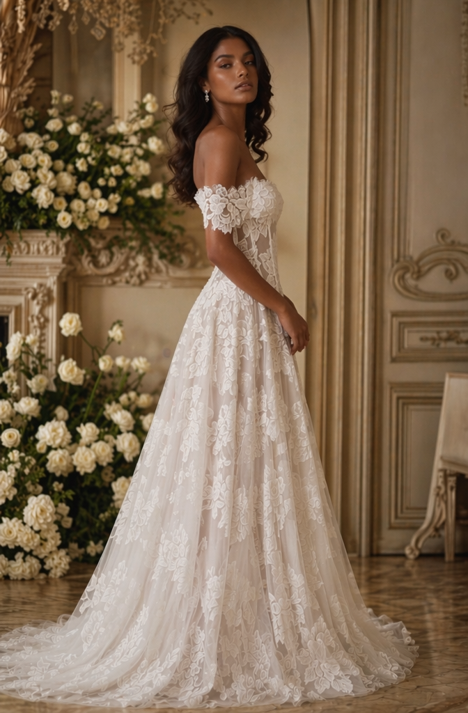 Off-Shoulder Floral Lace A-Line Wedding Dress - Side View
