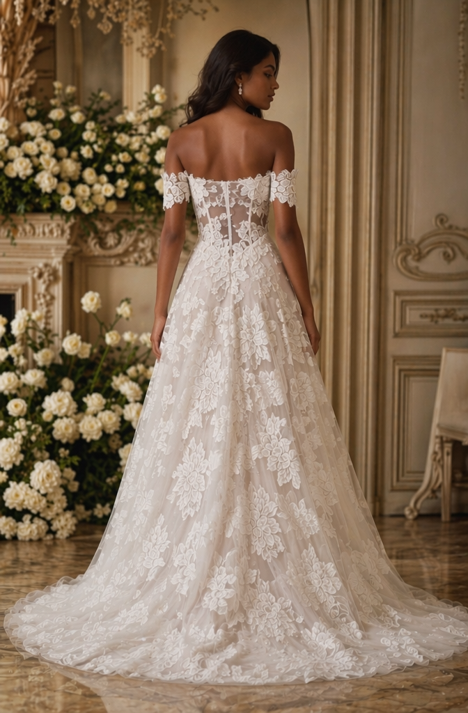 Off-Shoulder Floral Lace A-Line Wedding Dress - Back View