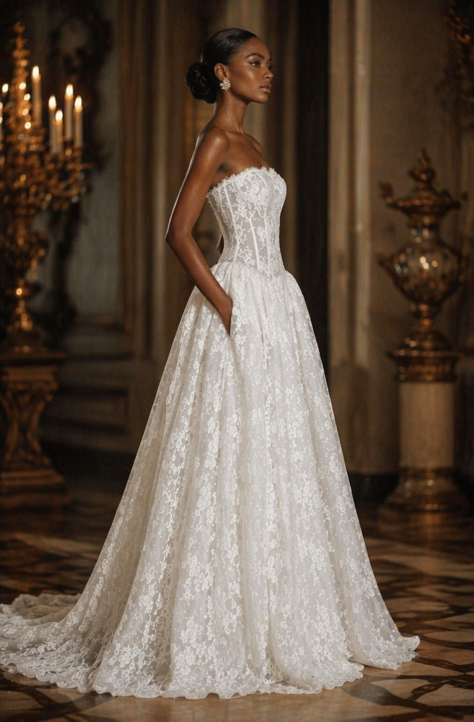 Strapless Floral Lace A-Line Wedding Dress - Side View