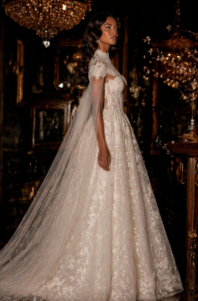 High Neck Lace Ball Gown Wedding Dress with Cape Sleeves - Side View