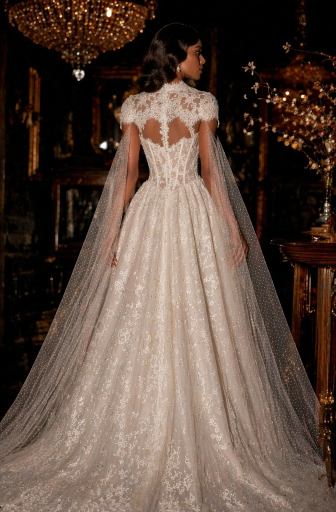 High Neck Lace Ball Gown Wedding Dress with Cape Sleeves - Back View