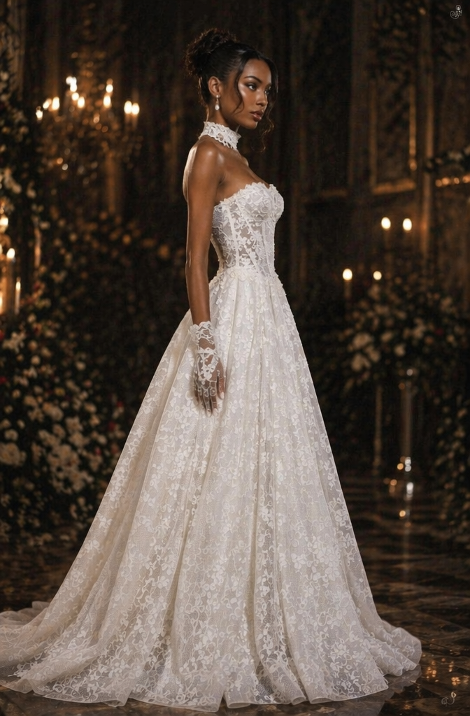 Sweetheart Lace A-Line Wedding Dress with Detachable High Neck Collar - Side View