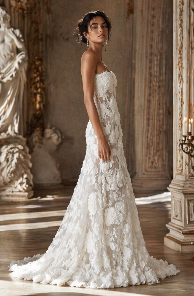 Strapless 3D Floral Appliqué Fit-and-Flare Wedding Dress - Side View