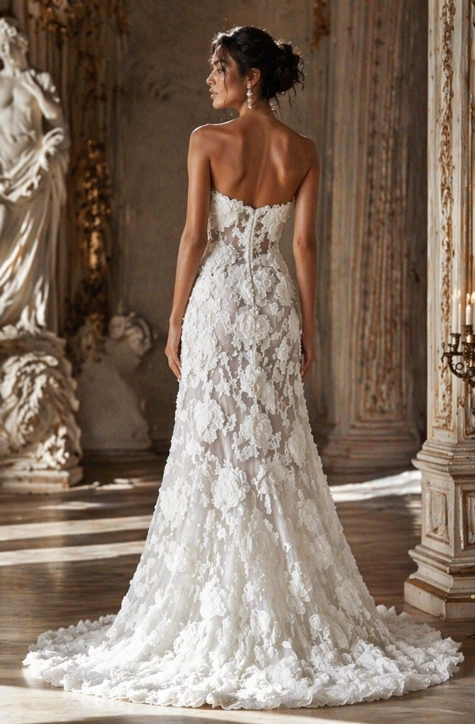 Strapless 3D Floral Appliqué Fit-and-Flare Wedding Dress - Back View