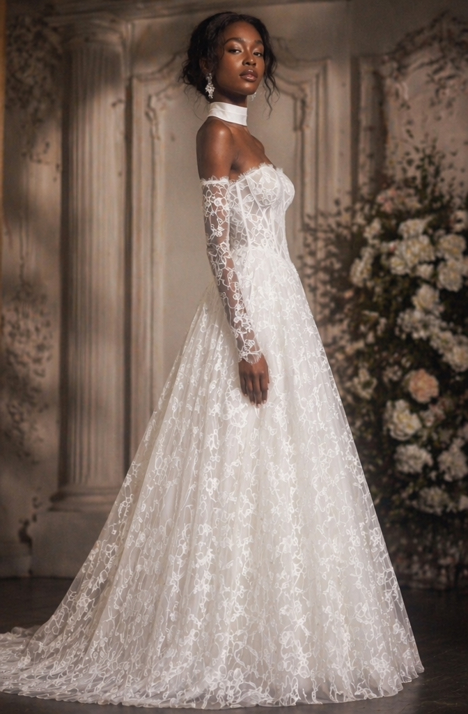 Off-Shoulder Lace A-Line Wedding Dress with Choker & Detachable Sleeves - Side View