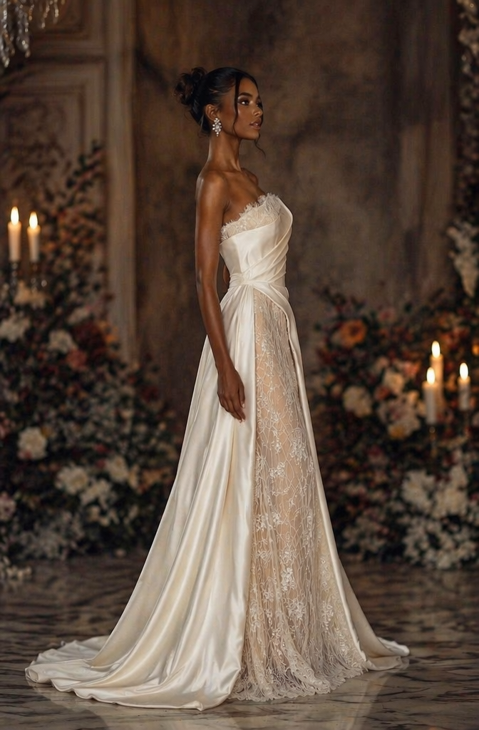 Strapless Satin & Lace Overlay A-Line Wedding Dress - Side View