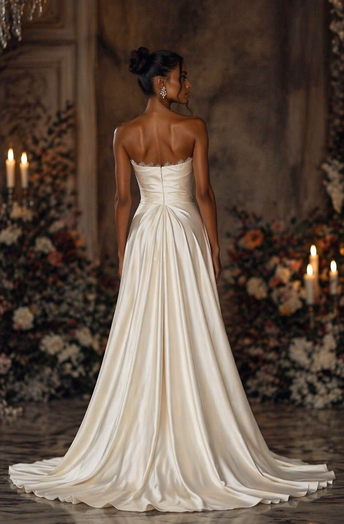 Strapless Satin & Lace Overlay A-Line Wedding Dress - Back View