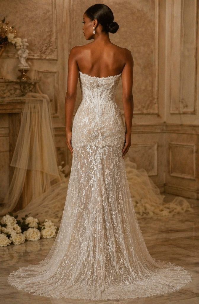 Strapless Glitter Lace Mermaid Wedding Dress - Back View