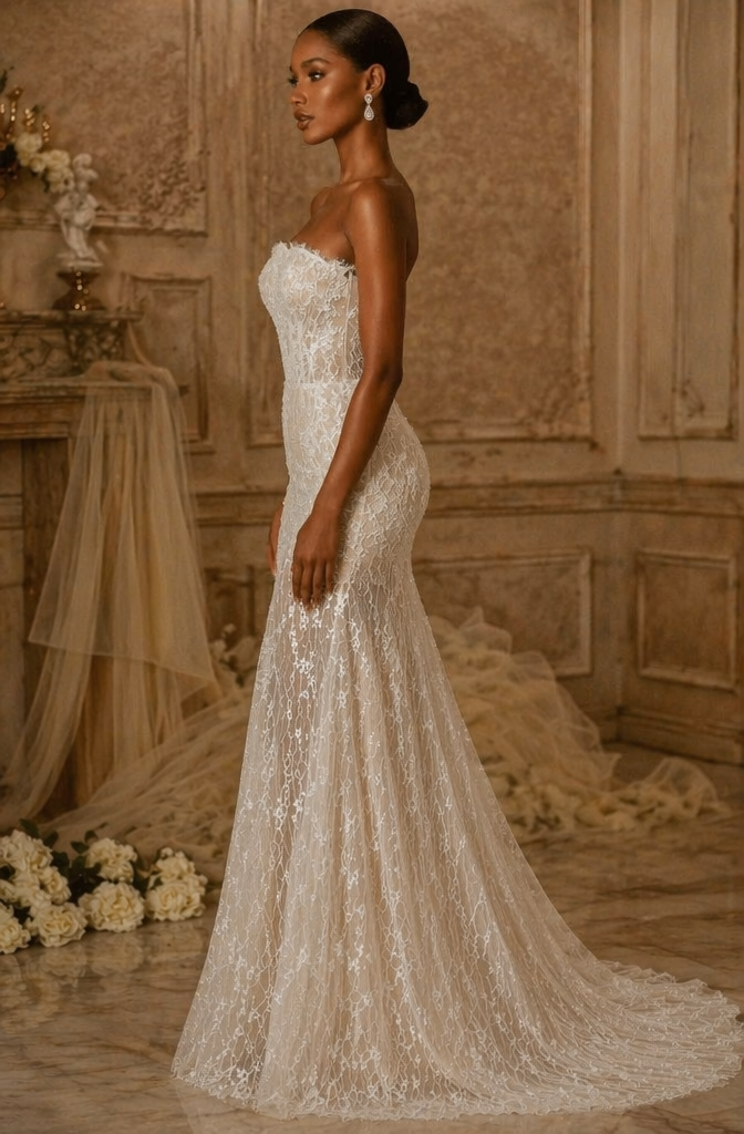 Strapless Glitter Lace Mermaid Wedding Dress - Side View