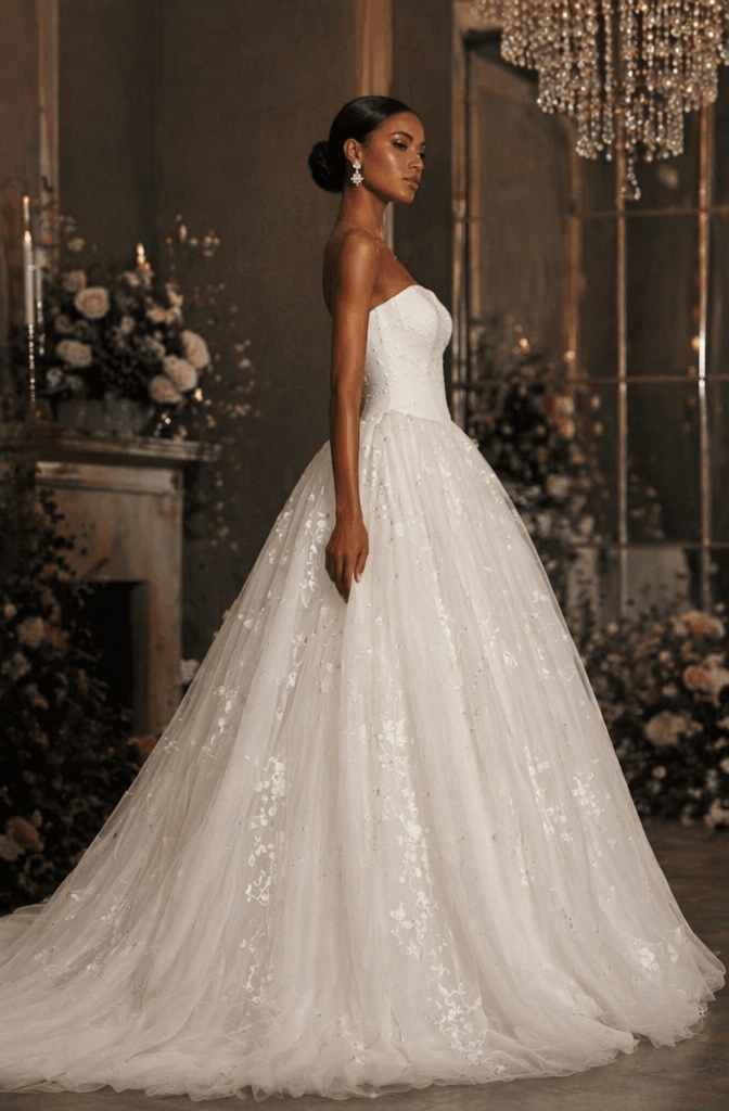 Strapless Sweetheart Floral Lace Princess Ball Gown Wedding Dress - Side View