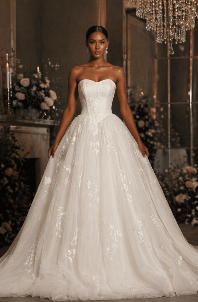 Strapless Sweetheart Floral Lace Princess Ball Gown Wedding Dress - Detail View
