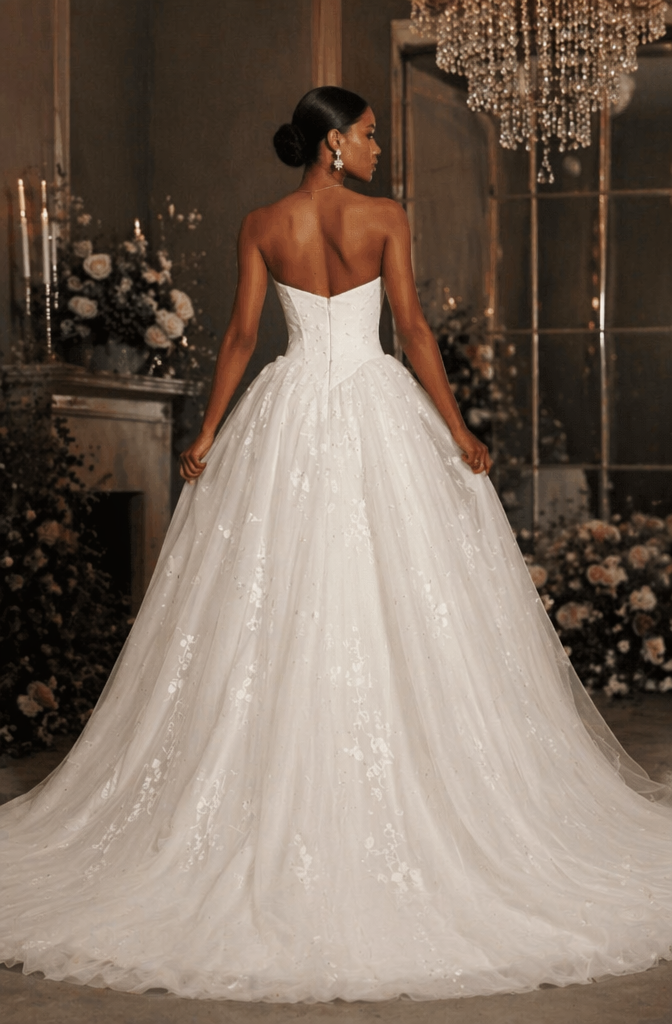 Strapless Sweetheart Floral Lace Princess Ball Gown Wedding Dress - Back View