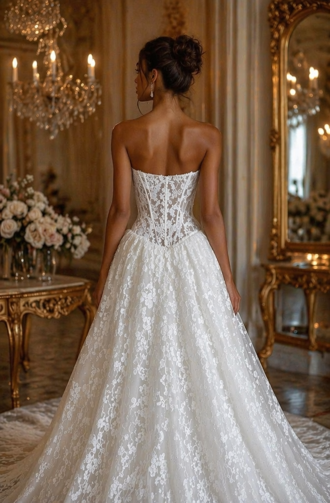 Strapless Sheer Lace Corset A-Line Wedding Dress - Back View