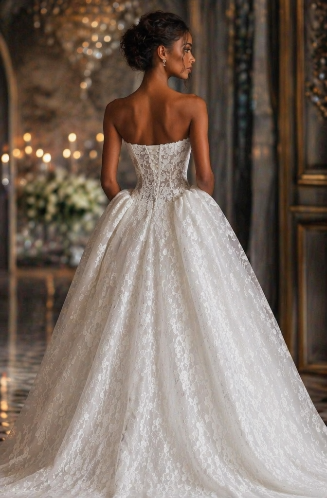 Strapless Lace Corset Ball Gown Wedding Dress - Back View