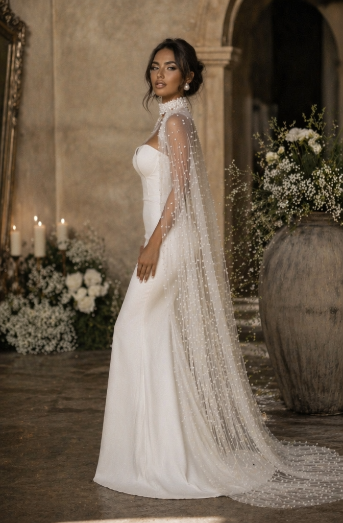 Sweetheart Satin Mermaid Wedding Dress with Pearl Tulle Cape - Side View