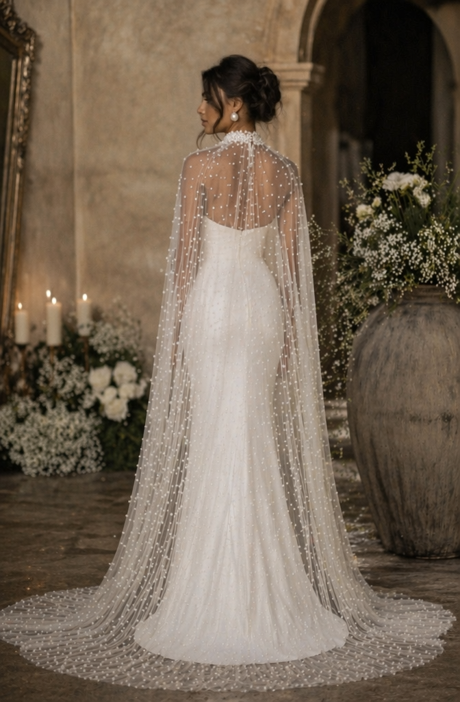 Sweetheart Satin Mermaid Wedding Dress with Pearl Tulle Cape - Back View