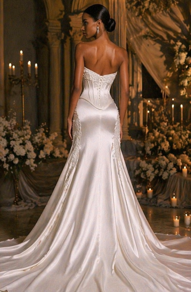 Strapless Satin Corset Mermaid Wedding Dress with Pearl Lace Embroidery - Back View
