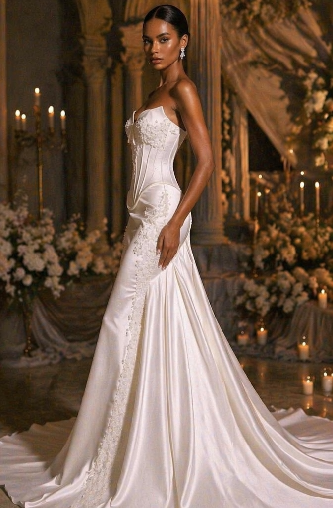 Strapless Satin Corset Mermaid Wedding Dress with Pearl Lace Embroidery - Side View
