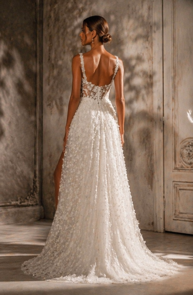 Square Neck 3D Floral Petal A-Line Wedding Dress with High Slit - Back View