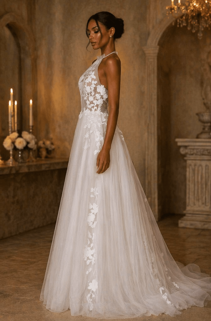 Halter Neck Sheer Lace Bodice A-Line Wedding Dress with 3D Floral Tulle Skirt - Side View