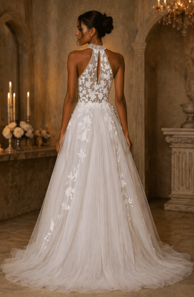 Halter Neck Sheer Lace Bodice A-Line Wedding Dress with 3D Floral Tulle Skirt - Back View