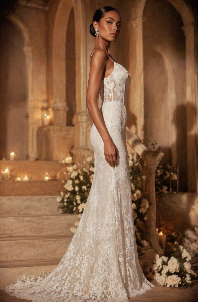 Spaghetti Strap All-Over Lace Mermaid Wedding Dress - Side View