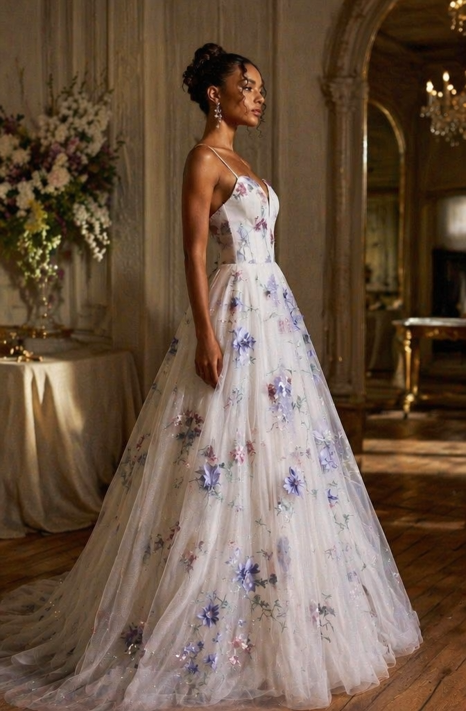 Deep V Spaghetti Strap 3D Floral Embroidered Tulle A-Line Wedding Dress - Side View