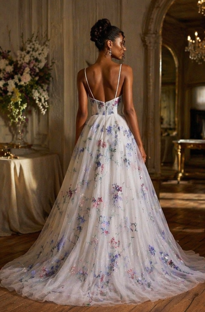 Deep V Spaghetti Strap 3D Floral Embroidered Tulle A-Line Wedding Dress - Back View