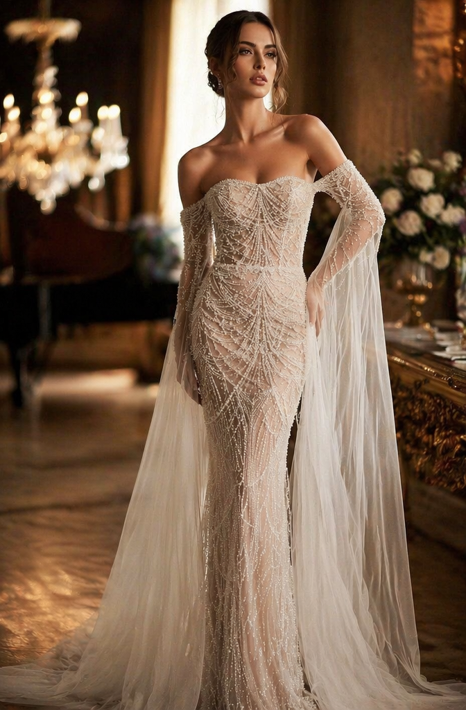 Ivory Pearl Beaded Mermaid Wedding Dress with Cape Sleeves | LLELLA Bridal