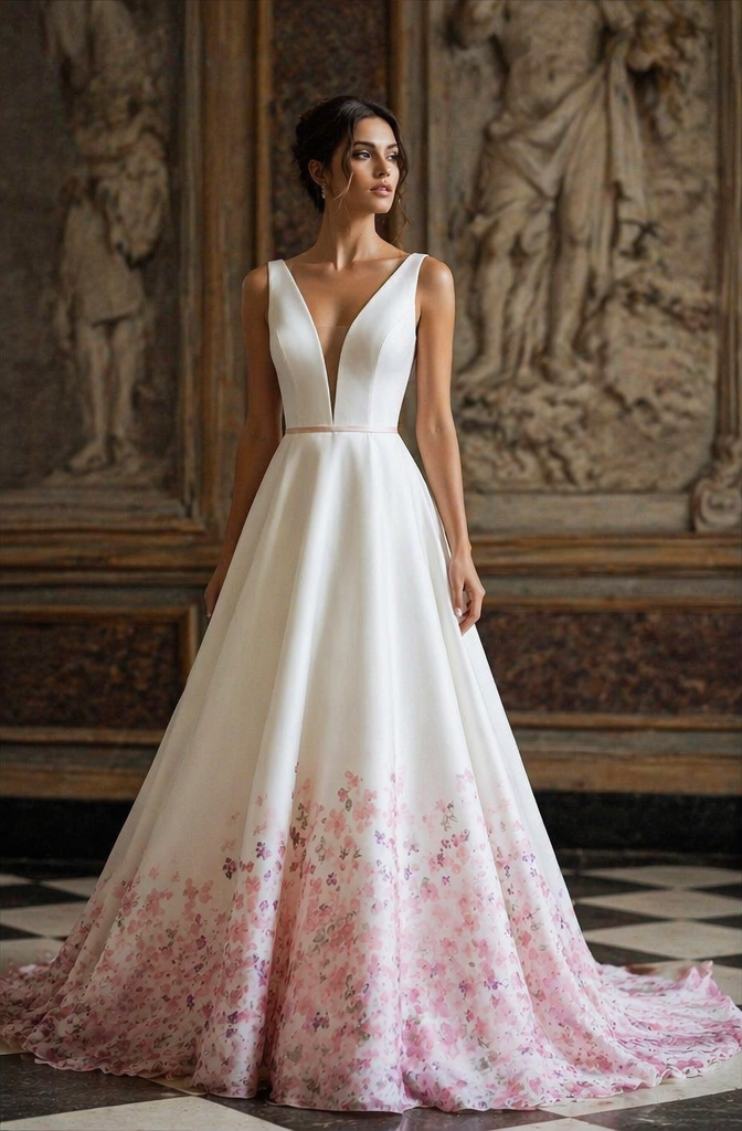 Ivory Pink Floral Hem Deep V-Neck A-Line Wedding Dress Open Back | LLELLA Bridal