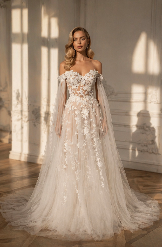 Champagne 3D Floral Lace Off-Shoulder A-Line Wedding Dress Tulle Cape | LLELLA Bridal