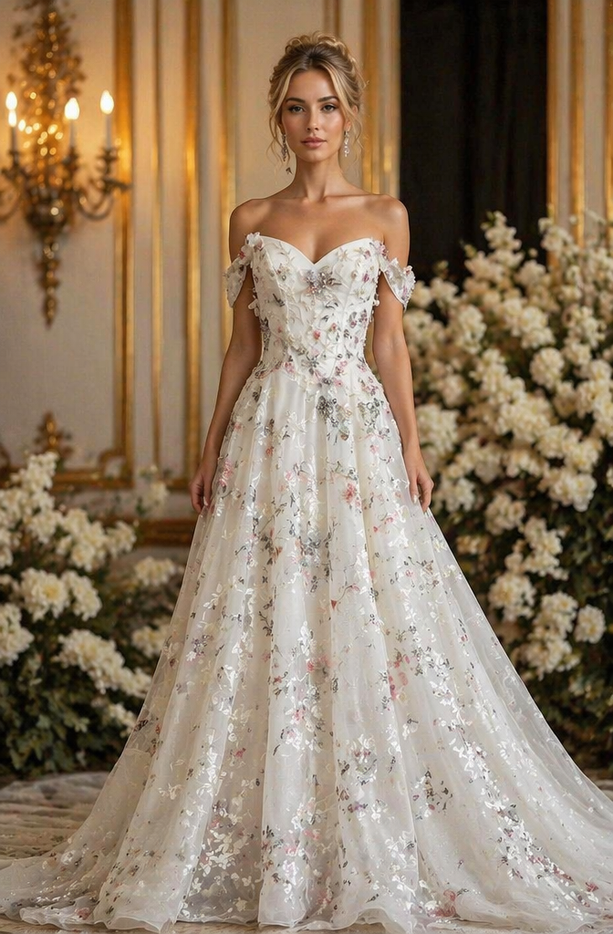 White Ditsy Floral Off-Shoulder A-Line Wedding Dress Corset Bodice | LLELLA Bridal