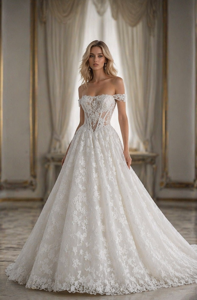 Ivory All-Over Lace Off-Shoulder Ball Gown Wedding Dress Sheer Corset | LLELLA Bridal