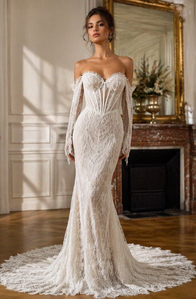 Ivory Lace Off-Shoulder Mermaid Wedding Dress Sheer Corset Long Sleeves | LLELLA Bridal