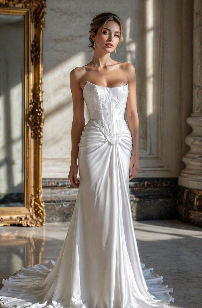 White Satin Strapless Mermaid Wedding Dress Lace Corset Ruched Skirt | LLELLA Bridal