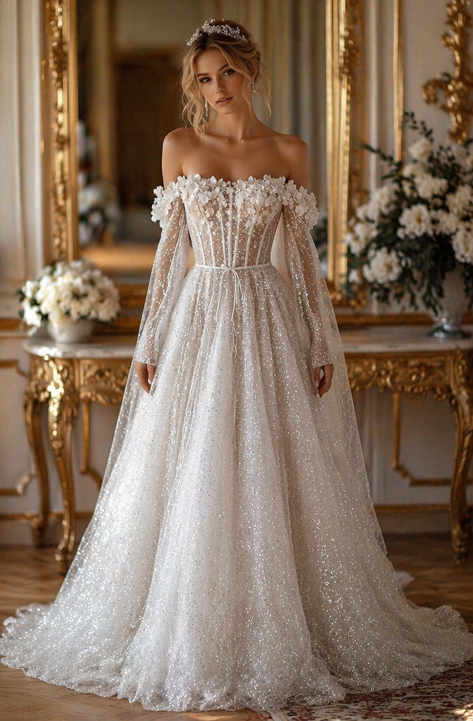 Ivory Glitter Sequin Off-Shoulder A-Line Wedding Dress 3D Floral Long Sleeves | LLELLA Bridal