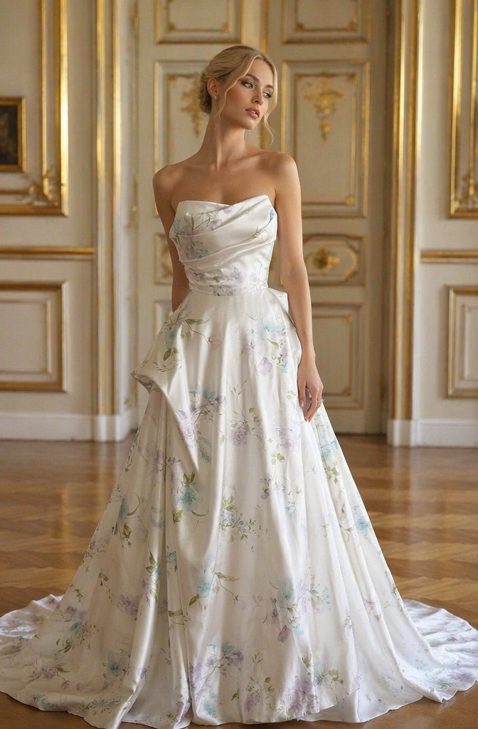 White Floral Print Strapless A-Line Wedding Dress Cathedral Train | LLELLA Bridal