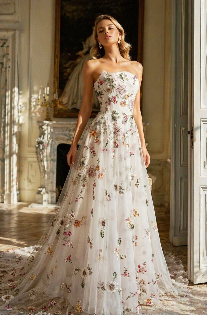 White Colorful Floral Embroidered Strapless A-Line Wedding Dress Cathedral Train | LLELLA Bridal
