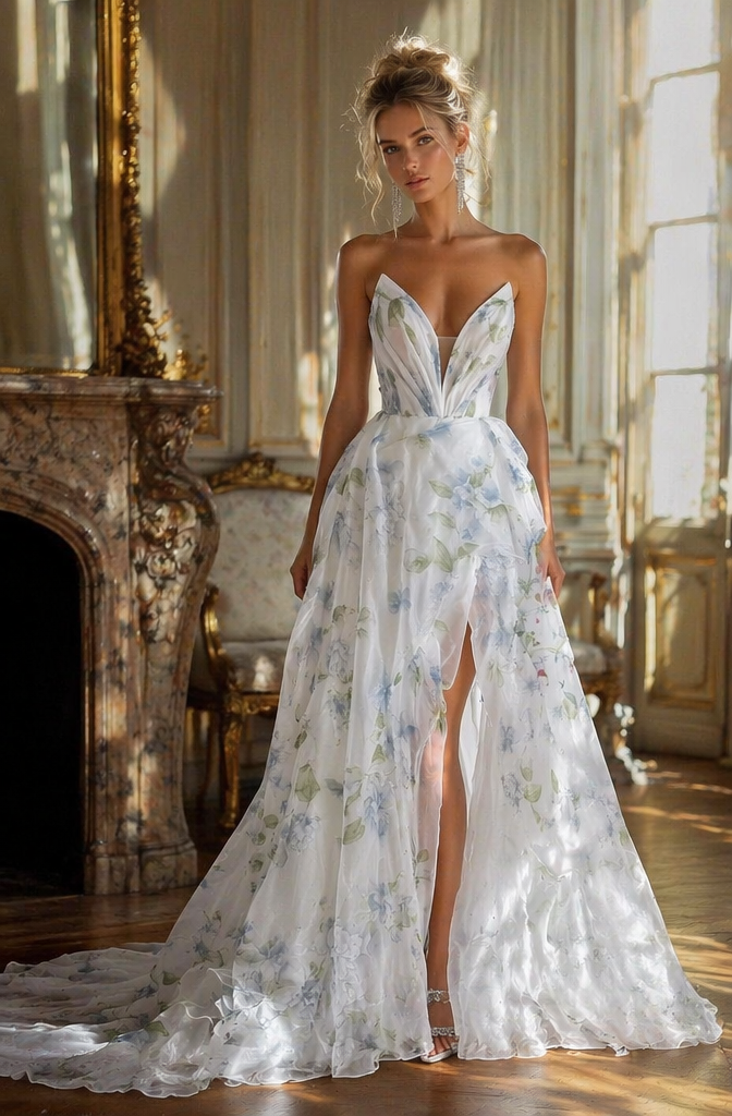 White Blue Watercolor Floral Strapless Deep V A-Line Wedding Dress High Slit | LLELLA Bridal