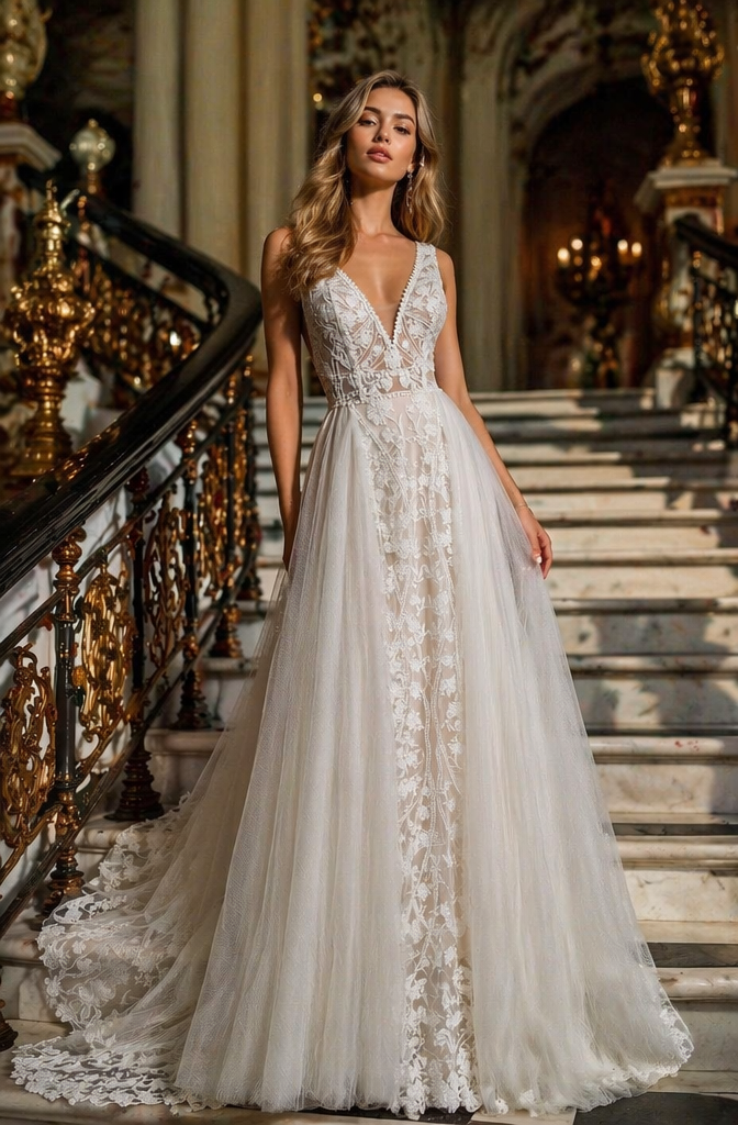 Ivory Lace Appliqué Deep V-Neck A-Line Wedding Dress Open Back | LLELLA Bridal